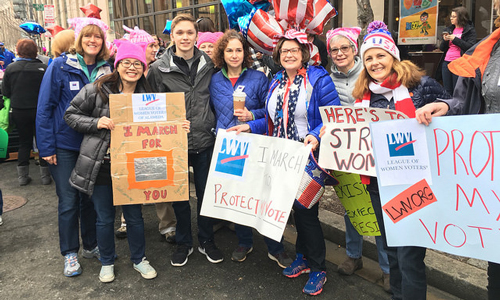 Protestors need poster board. Women's Marches across the country in January drove sales of poster and foam boards. (Photo "Women's March California" via Flickr user The League of Women Voters of California)