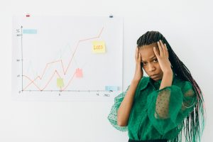 Woman holding head in frustration in front of stock chart