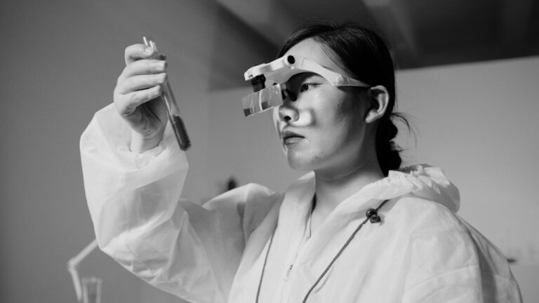 female scientist examing test tube