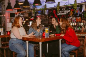 Group of Women Socializing in a Vibrant Cafe