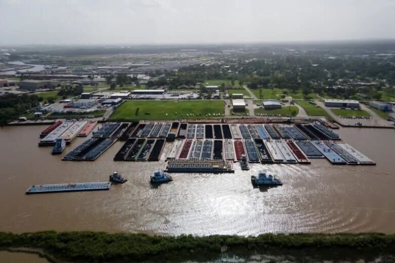 Aerial view of industrial site on river