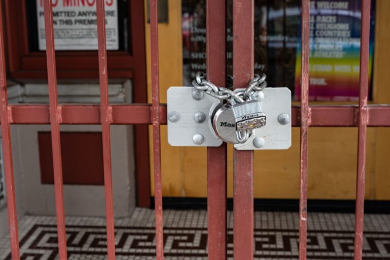 Iron gate with a padlock securing a closed entrance.